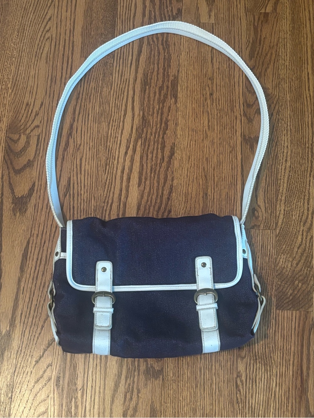Vintage Stone Mountain Denim Baguette Shoulder Bag Y2K Jean Purse White Trim